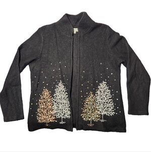 Coldwater Creek Womens Black Wool Sweater w Embroidered Trees Winter Forest Sz M